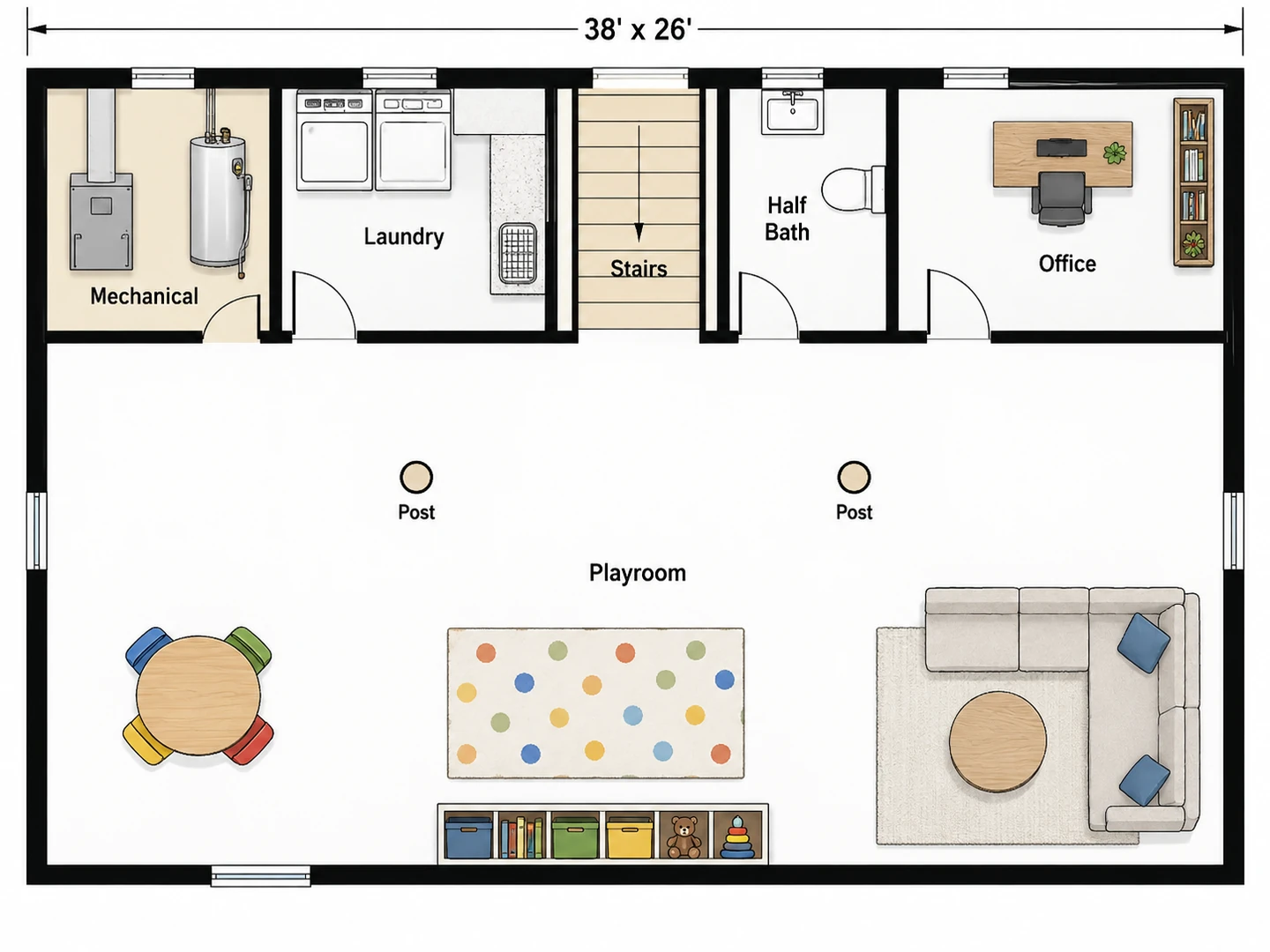 Basement layout with the stairs in the middle, a mechanical room, laundry, half bath, office and playroom