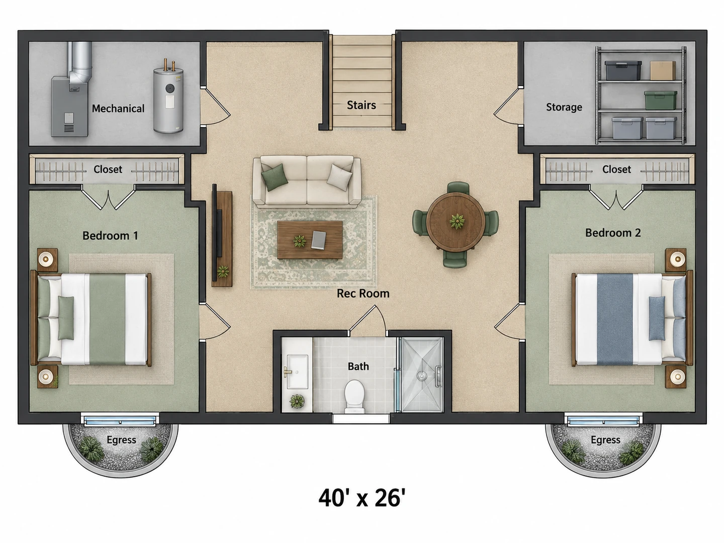Finished basement floor plan with two bedrooms, each with an egress window, a rec room and a bathroom