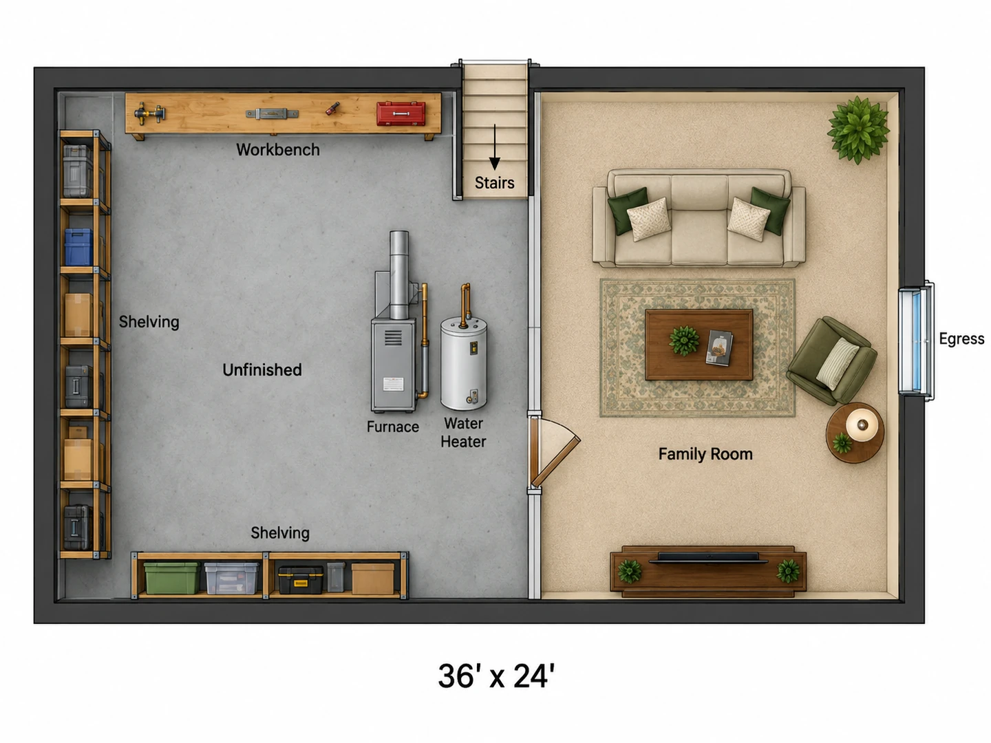 Partly finished basement layout with a workshop and storage on one side and a family room on the other