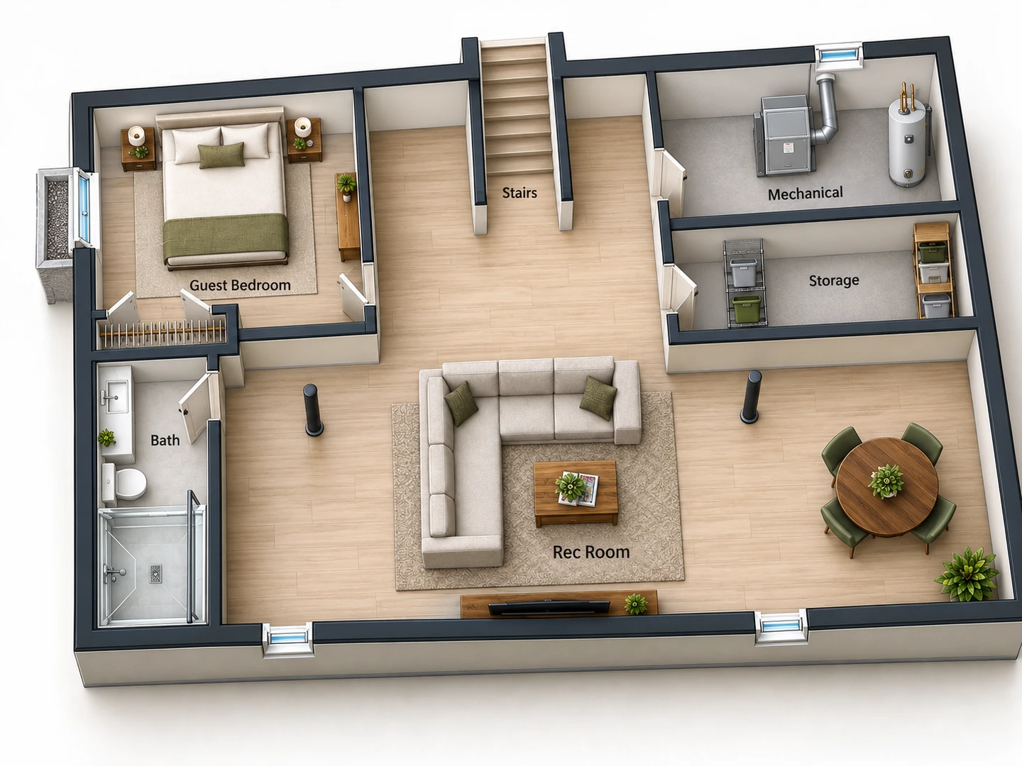 3D isometric view of a finished basement with a rec room, guest bedroom and bathroom