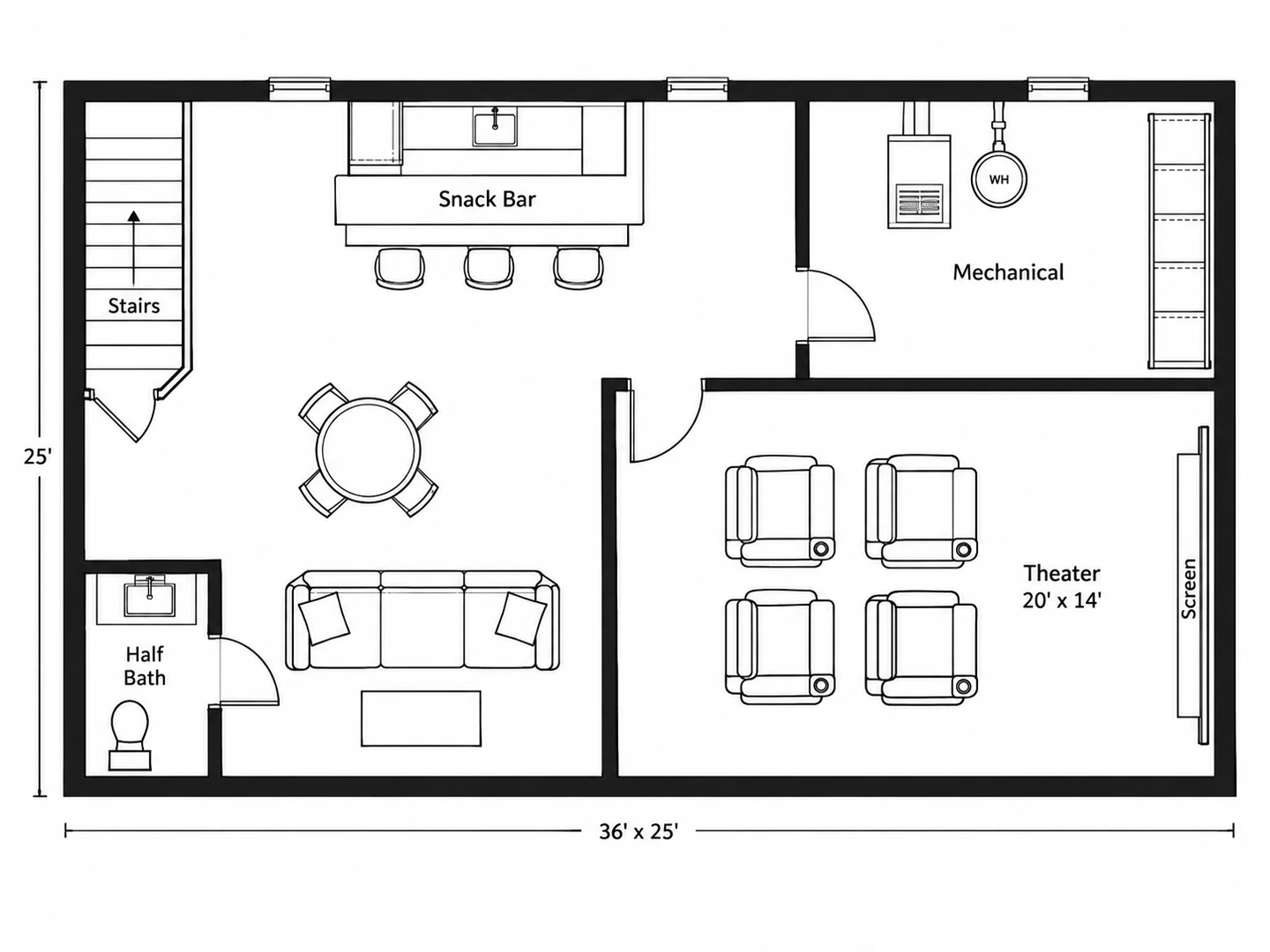Basement floor plan with a home theater, snack bar, half bath and mechanical room