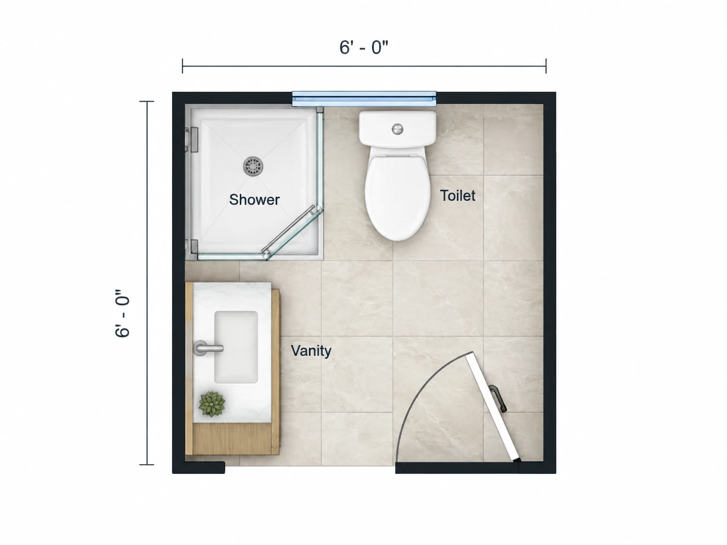 6×6 ft three-quarter bath with a 36×36 in corner shower — After