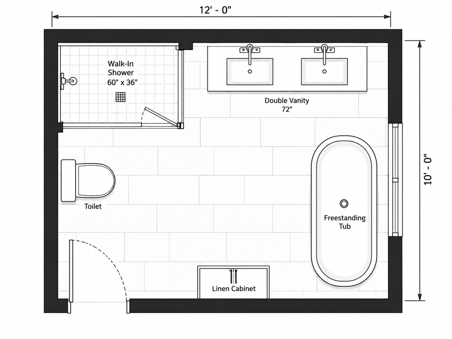 12×10 ft primary bath with double vanity, shower and freestanding tub — After