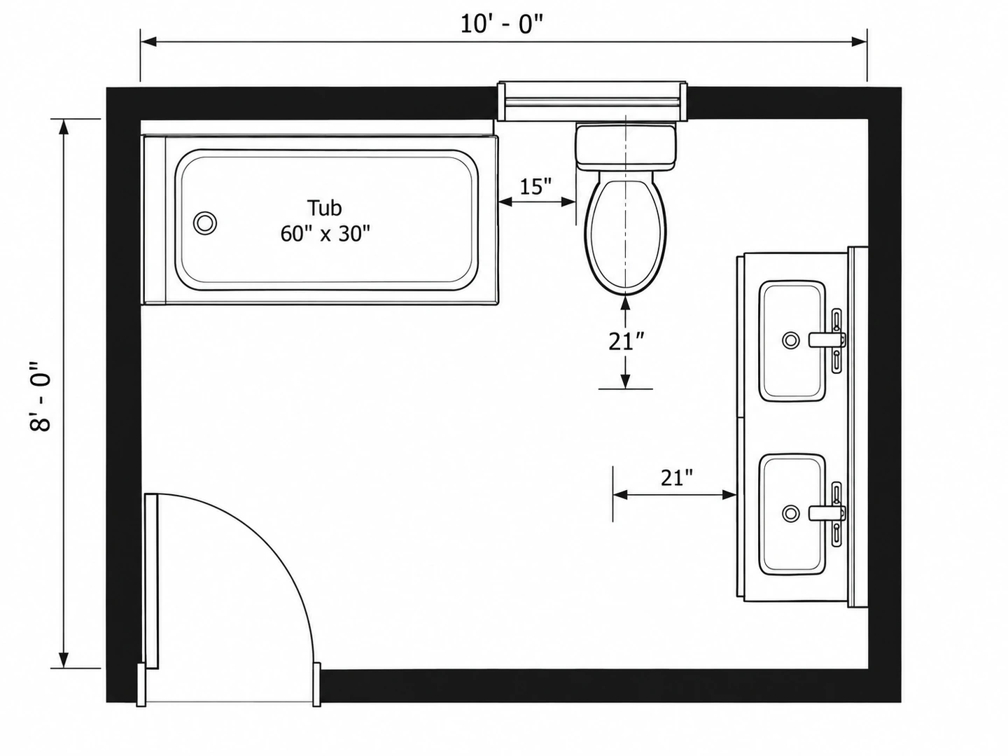 Technical plan of an 8×10 ft family bathroom with a double vanity, toilet and tub