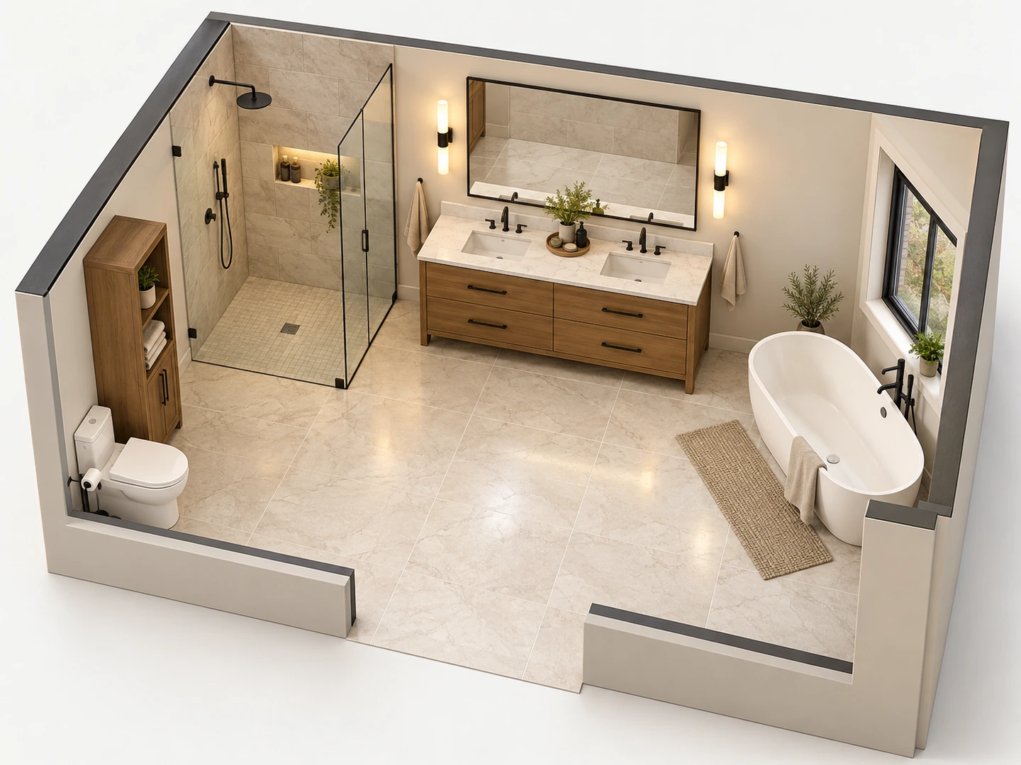 3D isometric view of a primary bathroom with a double vanity, walk-in shower and freestanding tub