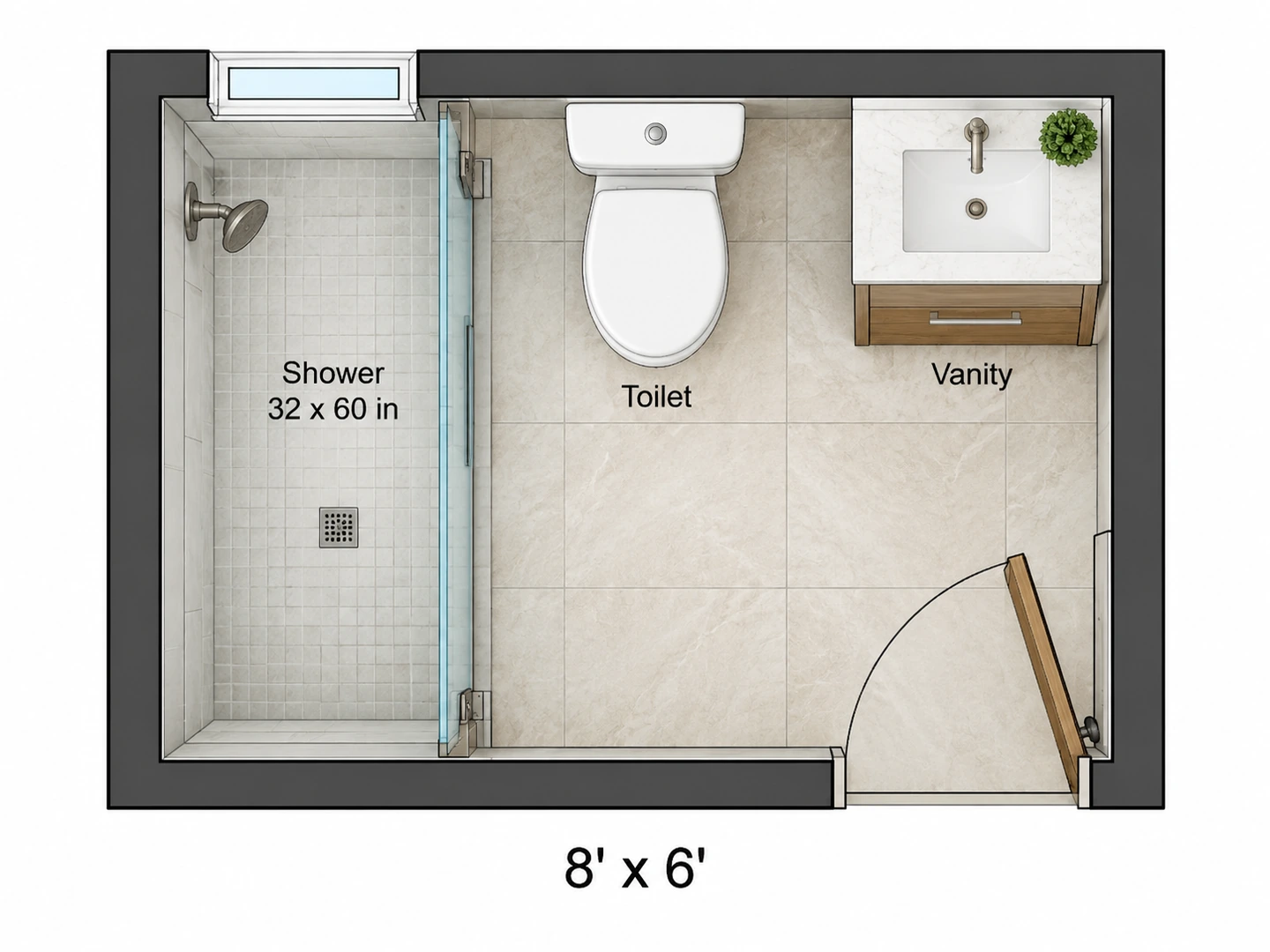 Small bathroom layout with a 32×60 in walk-in shower, toilet and 30 in vanity