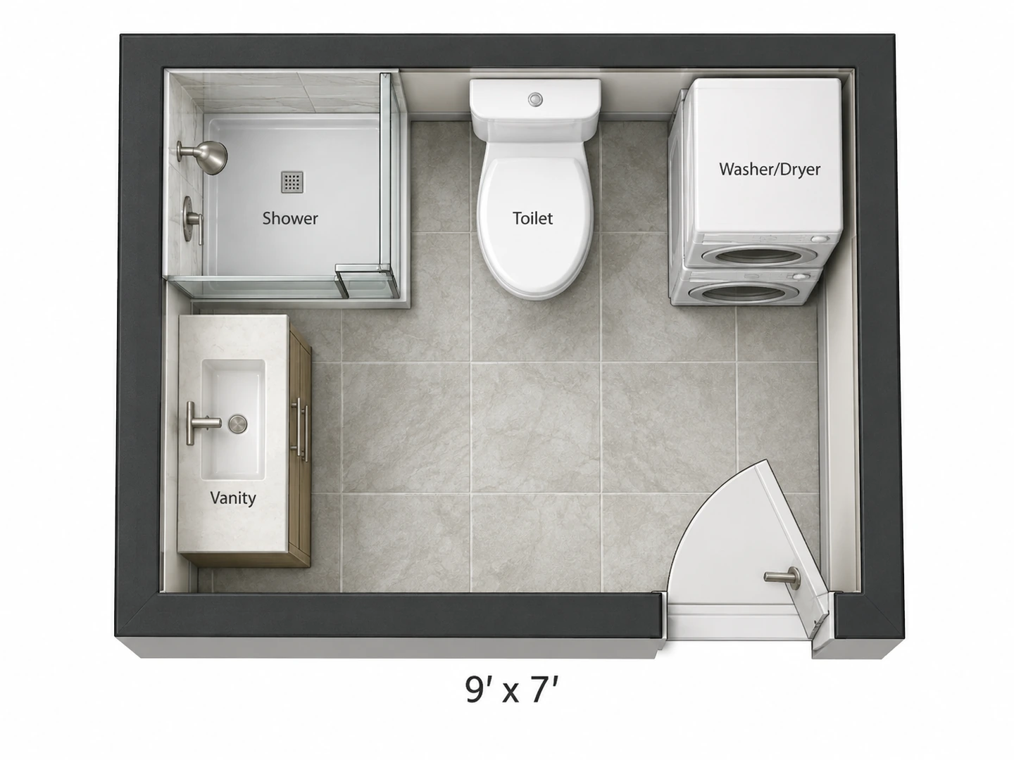 Bathroom and laundry combo with a stacked washer and dryer, shower, toilet and vanity