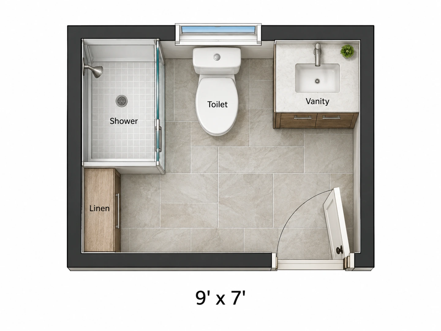 Hall bathroom layout with a 36×60 in shower, toilet, 42 in vanity and linen cabinet