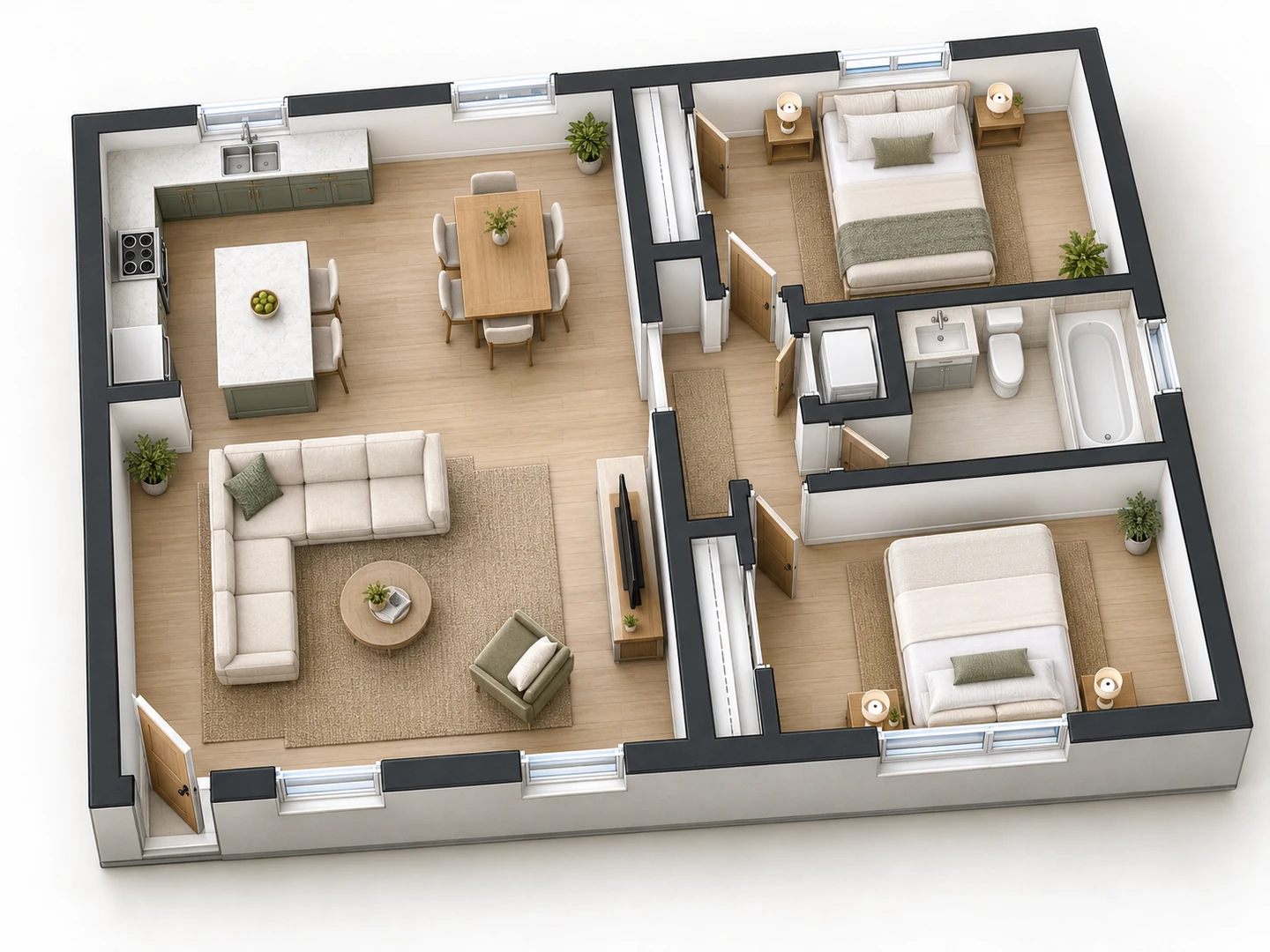 3D isometric cutaway floor plan of a two-bedroom apartment with the roof removed, furnished living room, kitchen, bath and two bedrooms