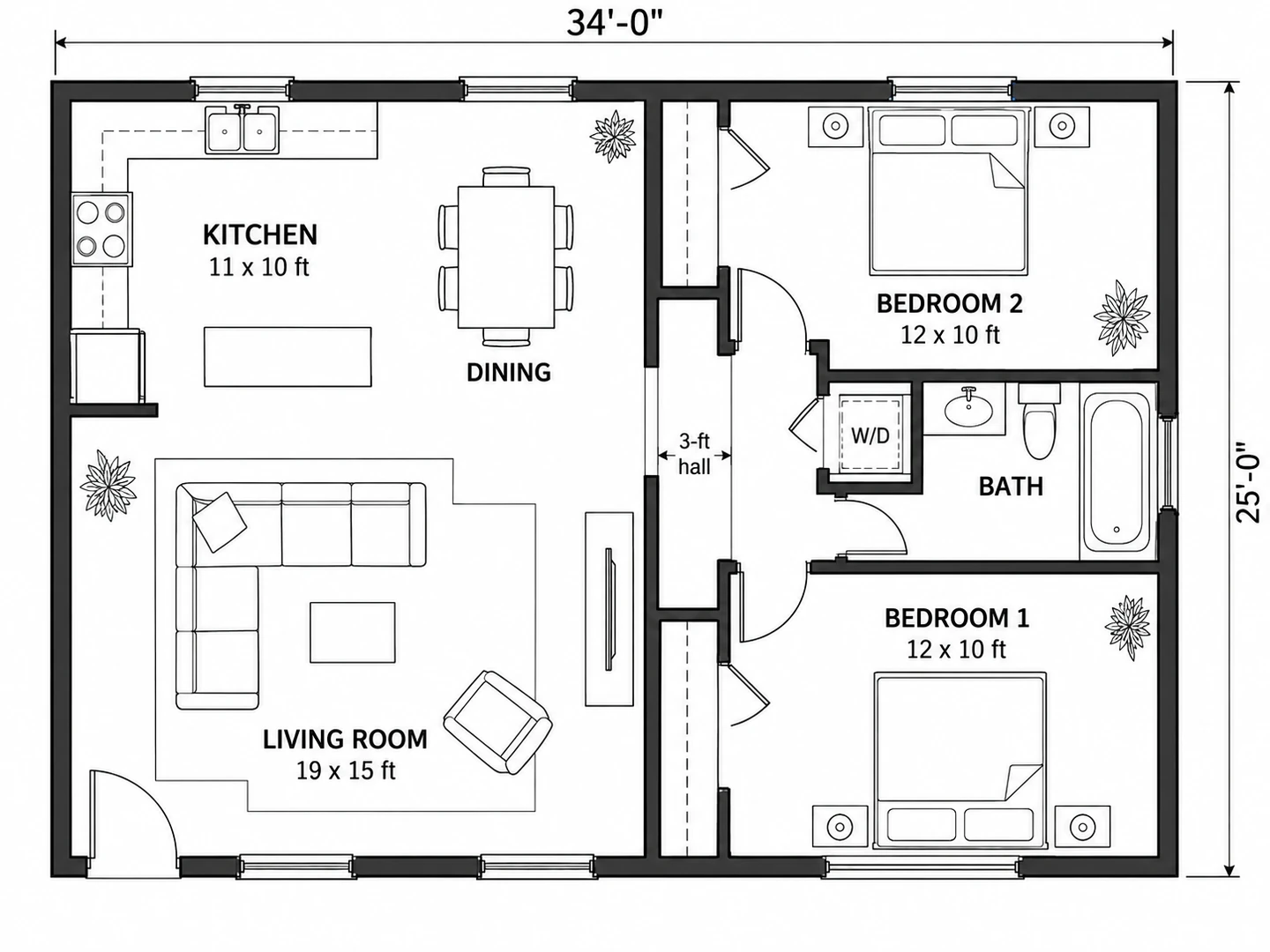 A written brief for a two-bedroom apartment and the technical 2D floor plan generated from it — After