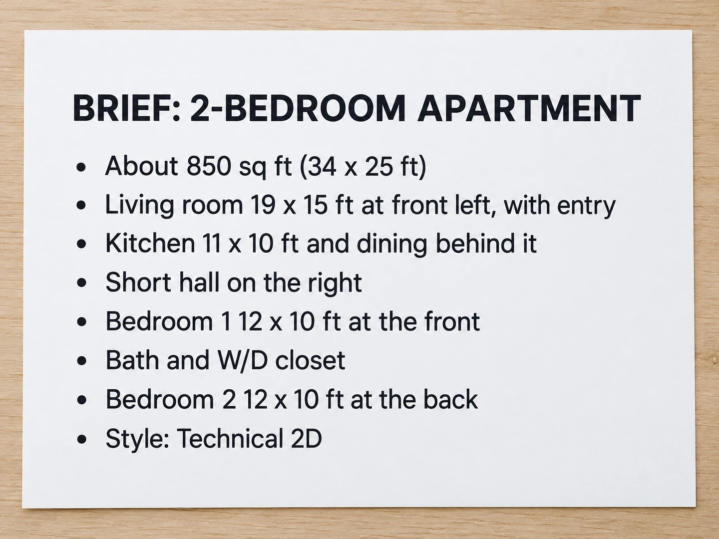 A written brief for a two-bedroom apartment and the technical 2D floor plan generated from it — Before