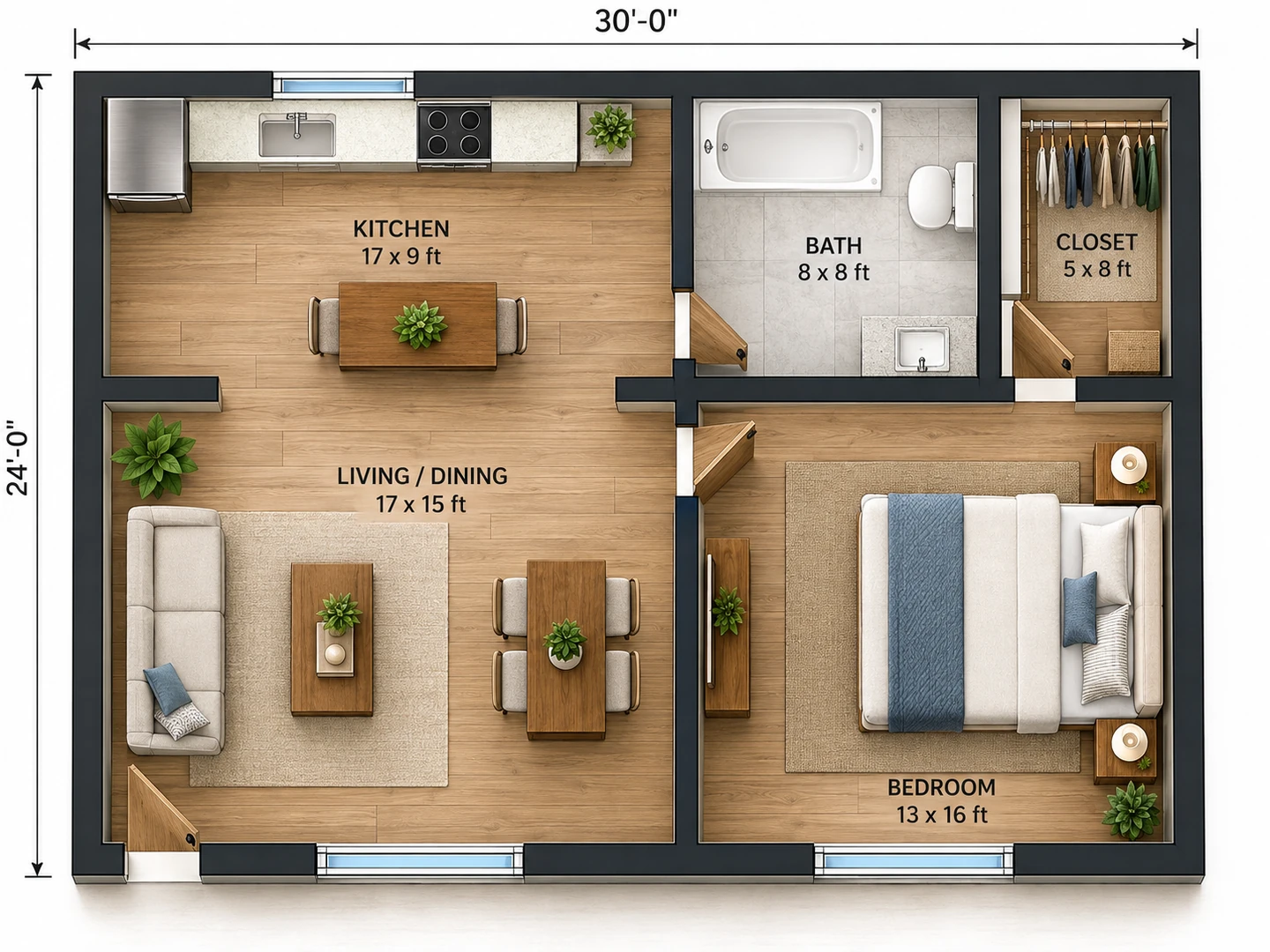 A one-bedroom apartment drawn with flat shapes and labels, and the same apartment as a furnished 2D floor plan — After