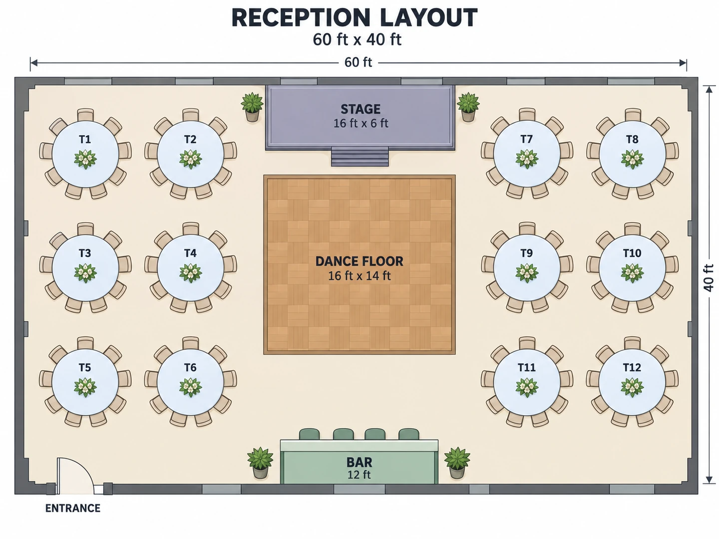 Flat 2D reception layout of a 60 by 40 ft hall with a stage, dance floor, bar and twelve round tables labeled T1 to T12