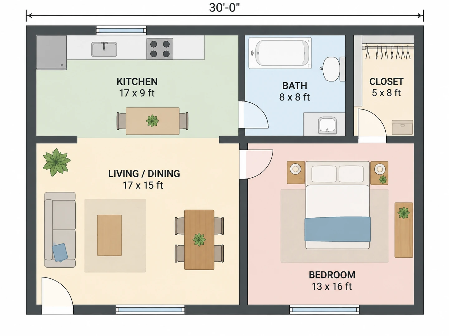 A one-bedroom apartment drawn with flat shapes and labels, and the same apartment as a furnished 2D floor plan — Before