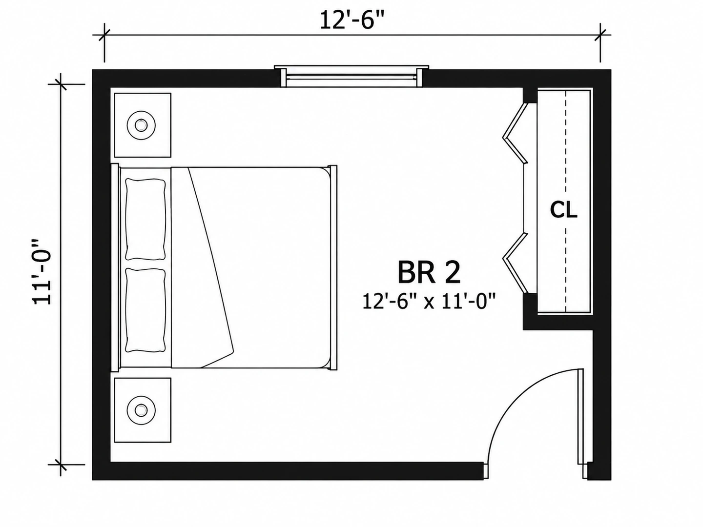 Bedroom plan labeled BR 2 with dimension strings reading 12 ft 6 in across and 11 ft 0 in down, a queen bed and a CL closet
