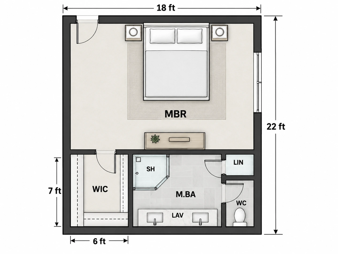 Floor plan of a primary suite labeled MBR, WIC, M.BA, SH, LAV, WC and LIN
