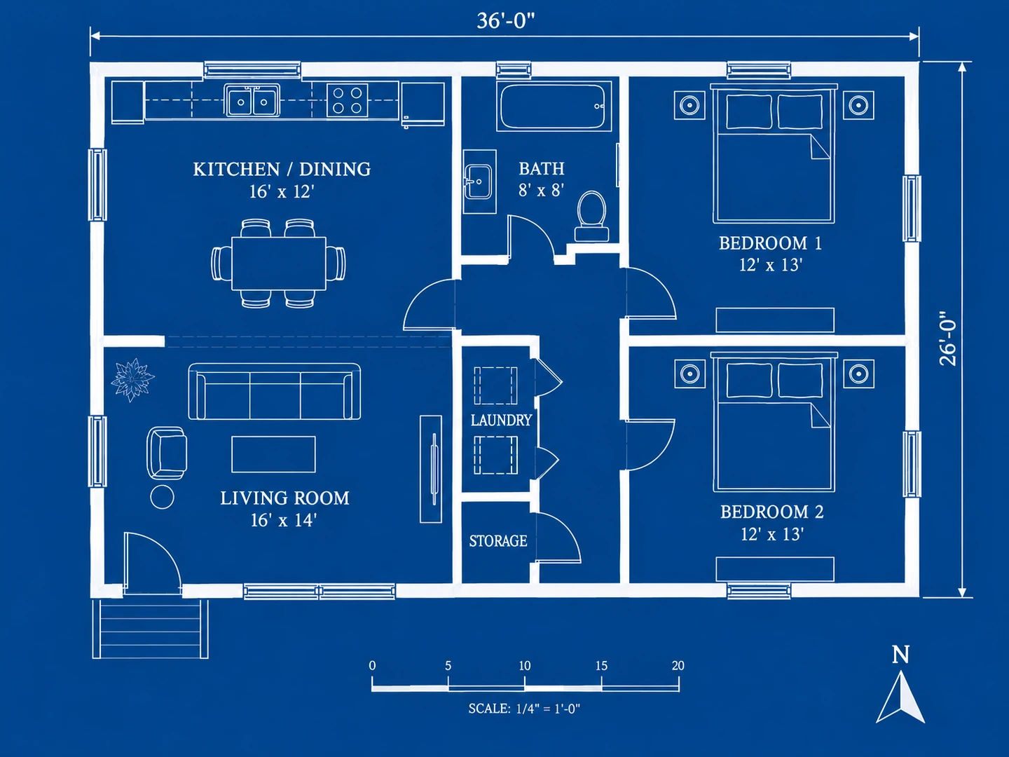 A pencil sketch of a small cottage on graph paper and the same cottage drawn as a white-on-blue blueprint plan — After