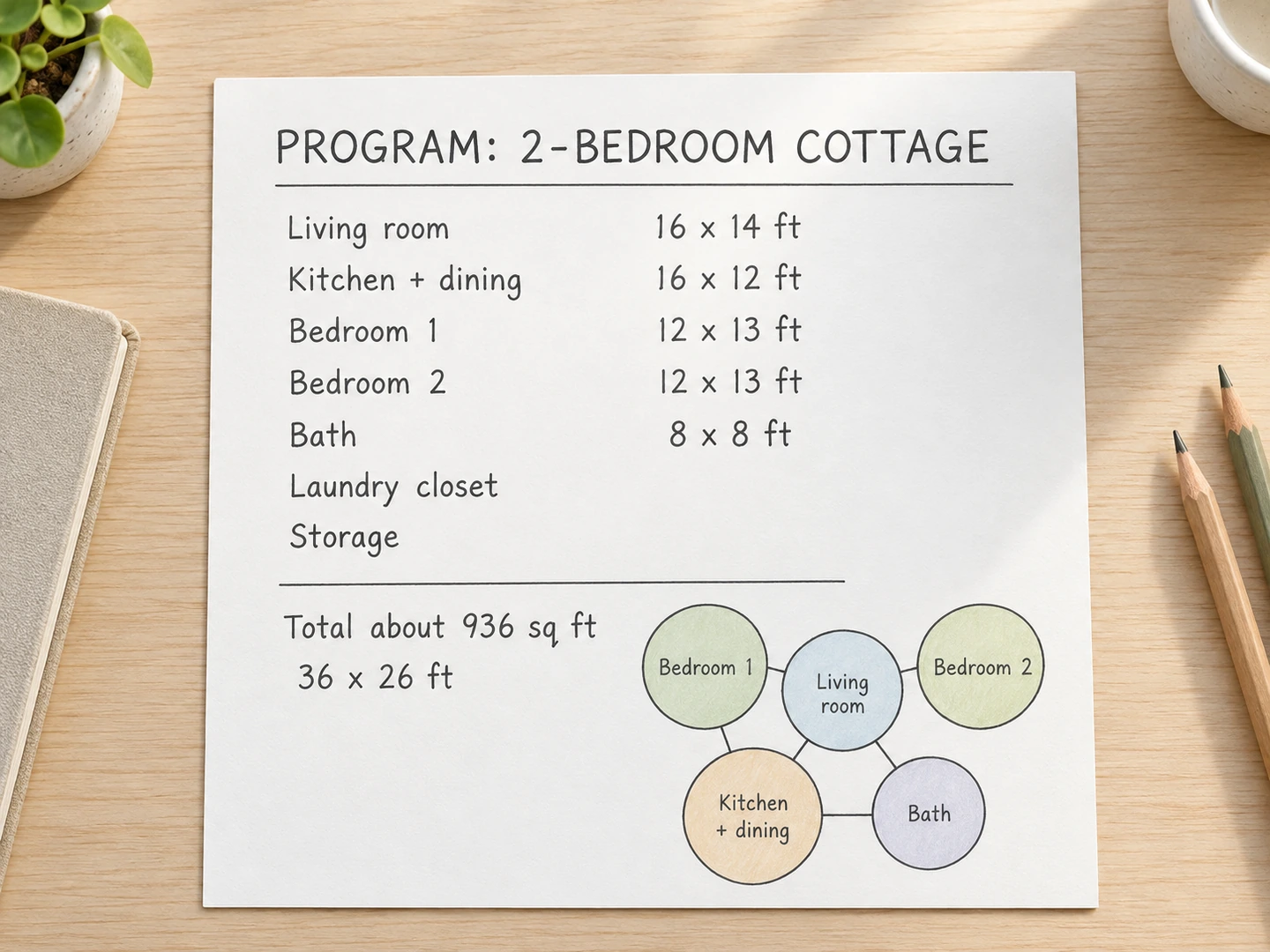 Planning card listing the cottage program: living room, kitchen and dining, two bedrooms, bath, laundry and storage, about 936 square feet