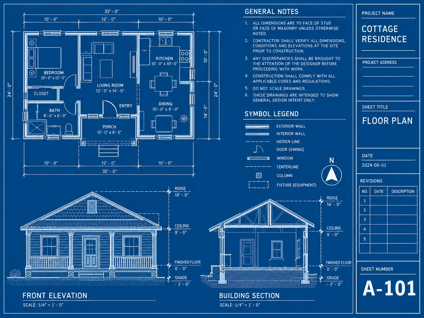 Blueprint sheet with a floor plan, front elevation, building section, general notes, legend, north arrow and a title block along the right edge