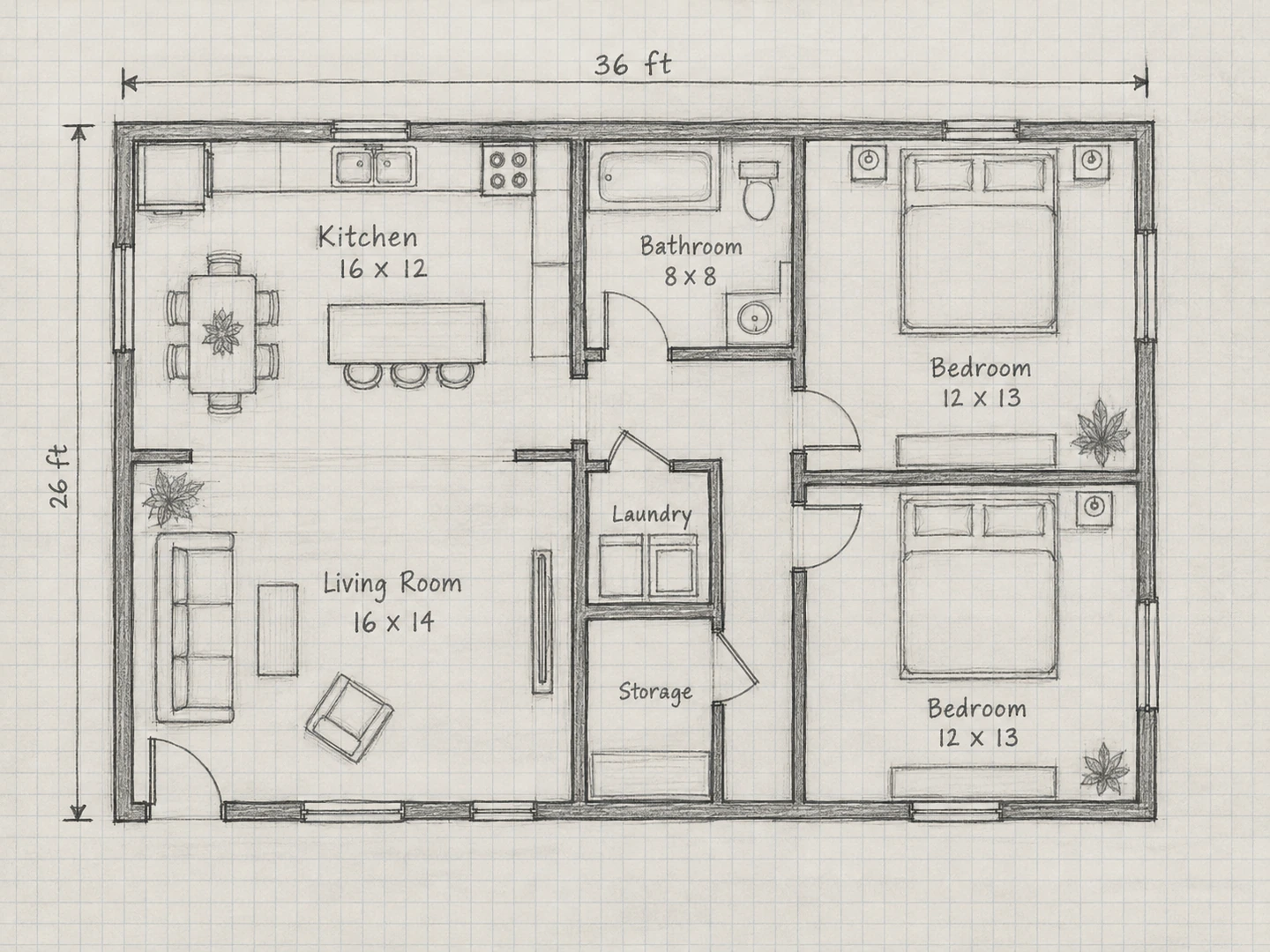 A pencil sketch of a small cottage on graph paper and the same cottage drawn as a white-on-blue blueprint plan — Before