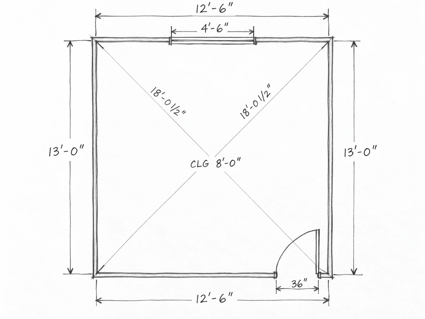 Freehand field sketch of a rectangular bedroom with wall lengths, window, door and diagonals written on it