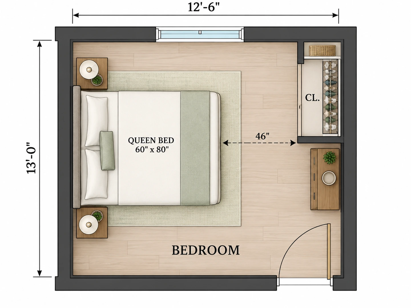 Furnished 2D floor plan of the bedroom with a queen bed on the left wall, two nightstands, a closet and a chest on the right wall