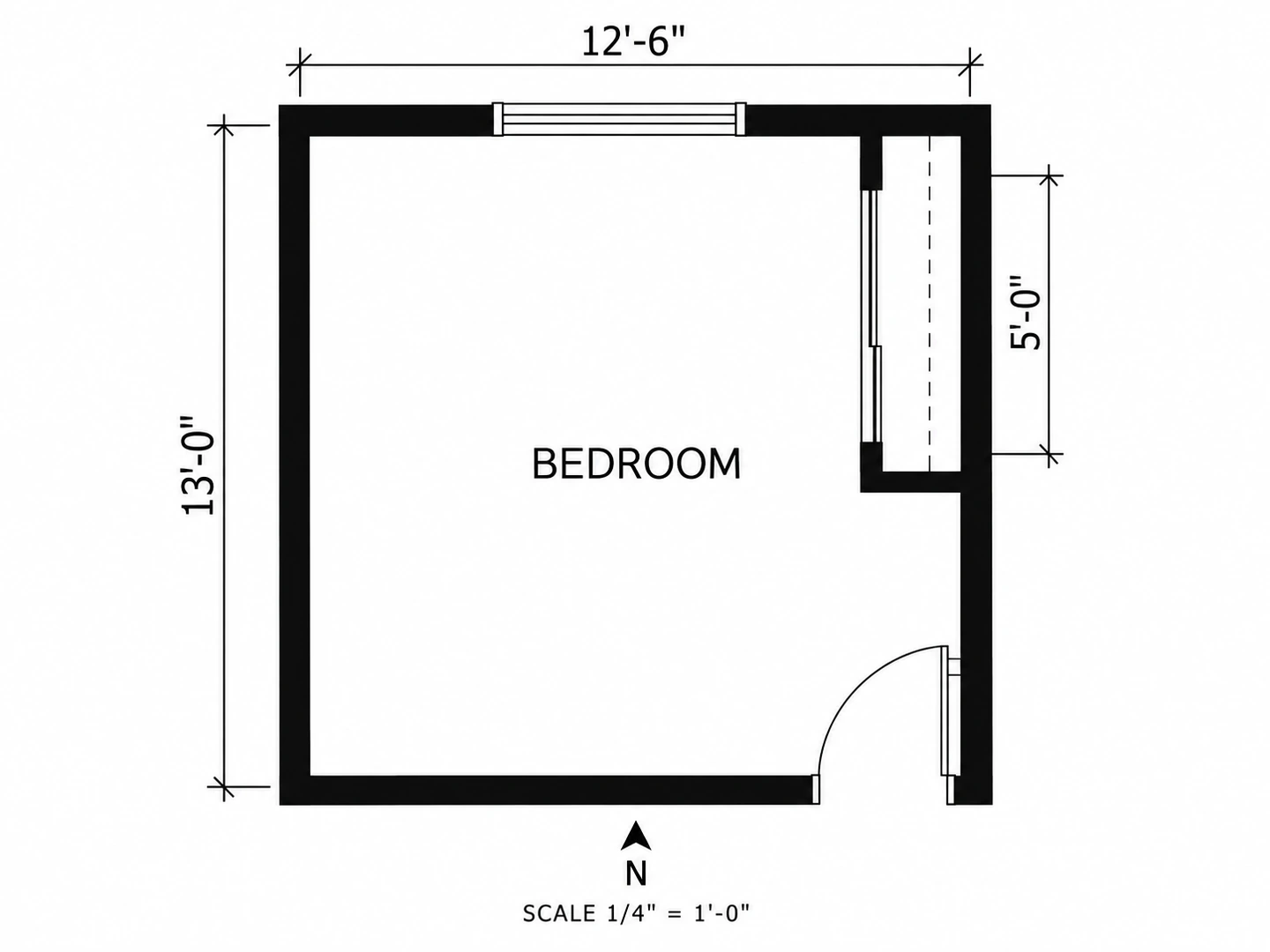 Technical 2D floor plan of an empty 12 ft 6 in by 13 ft bedroom with thick walls, a window, a door swing, a closet and dimension strings