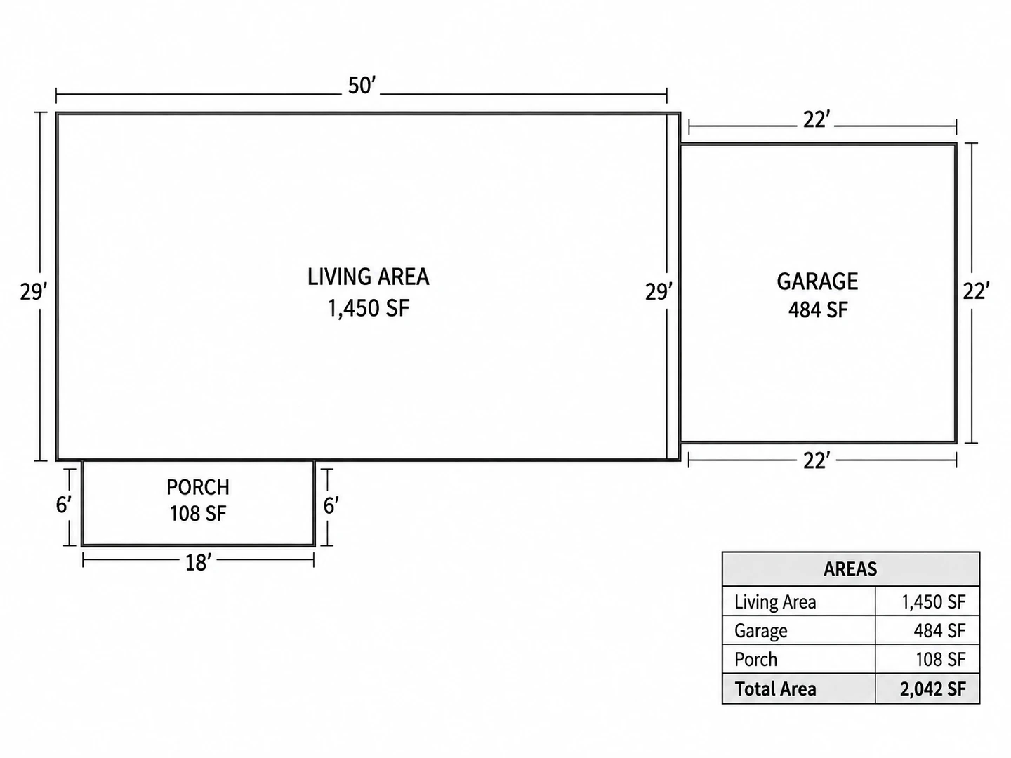 Assessor-style building sketch showing a 50 by 29 ft house outline, an attached 22 by 22 ft garage and a front porch, with wall lengths and areas
