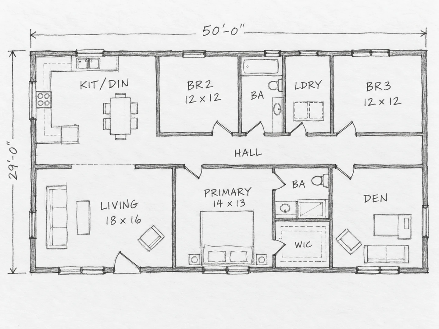 A pencil field sketch of a 50 by 29 ft ranch house and the same house redrawn as a technical 2D floor plan — Before