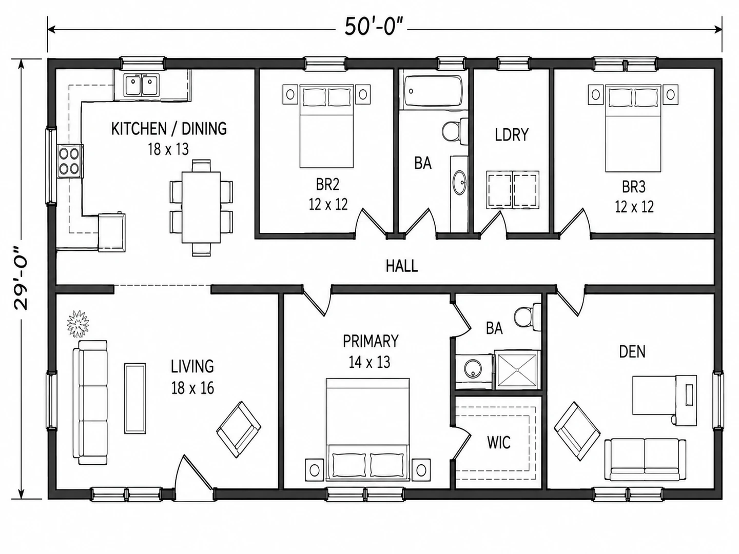 A pencil field sketch of a 50 by 29 ft ranch house and the same house redrawn as a technical 2D floor plan — After