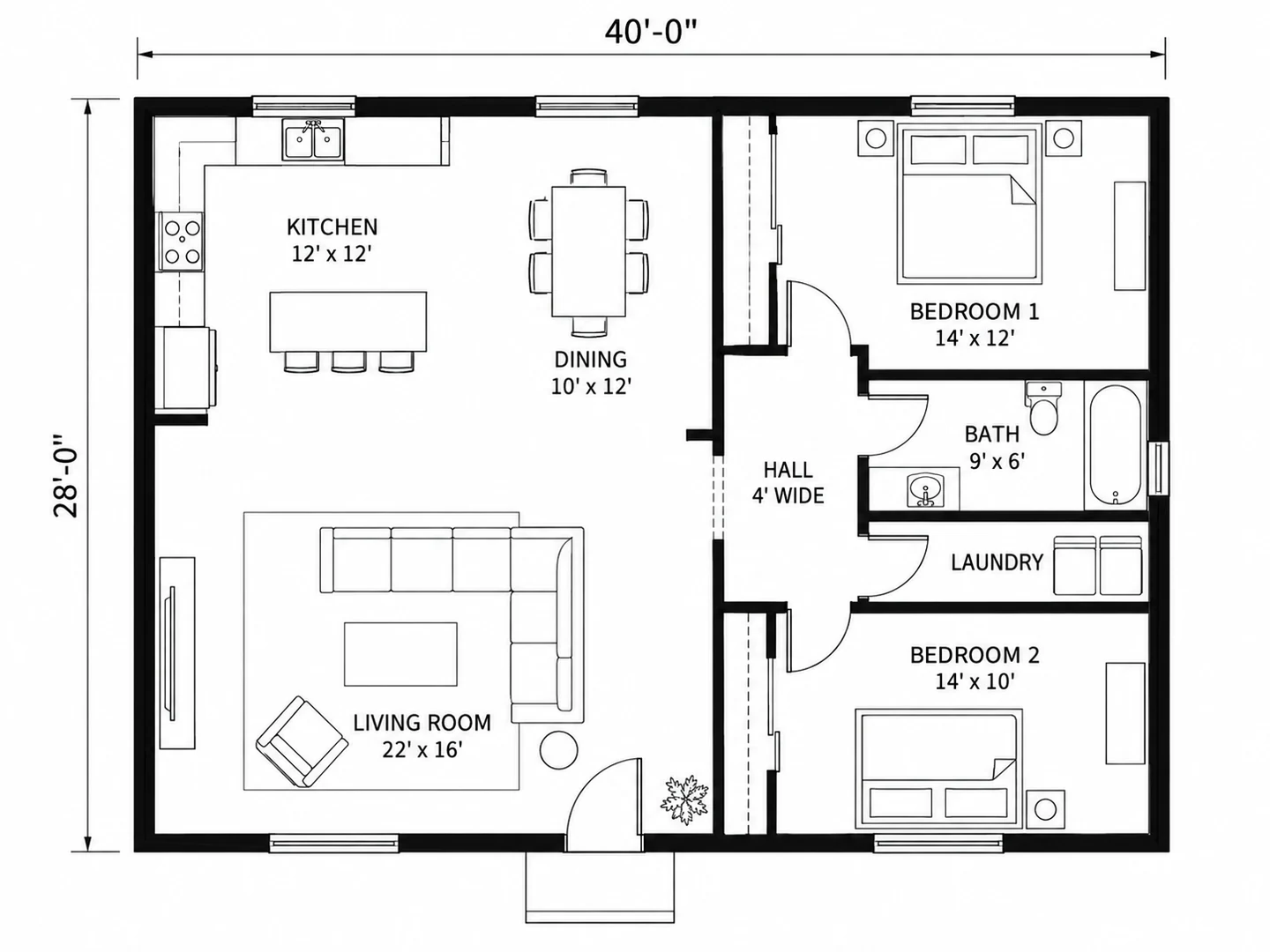 A technical 2D floor plan of a two-bedroom house and the same house converted into a furnished 3D isometric floor plan — Before