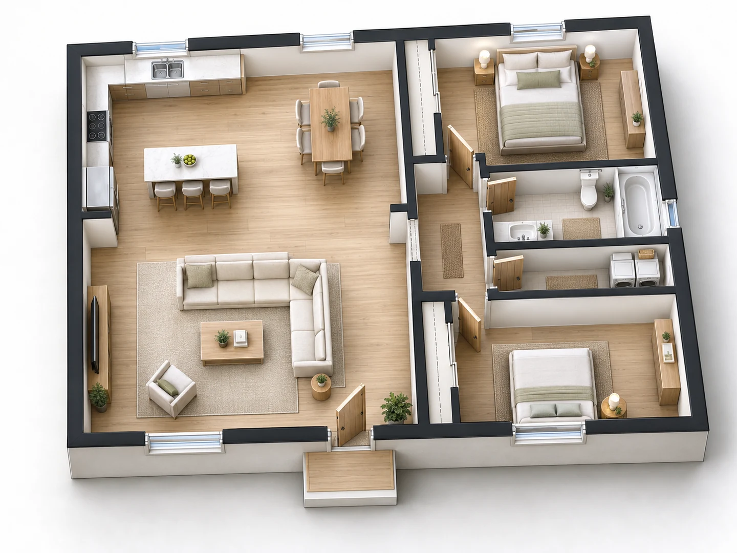 A technical 2D floor plan of a two-bedroom house and the same house converted into a furnished 3D isometric floor plan — After