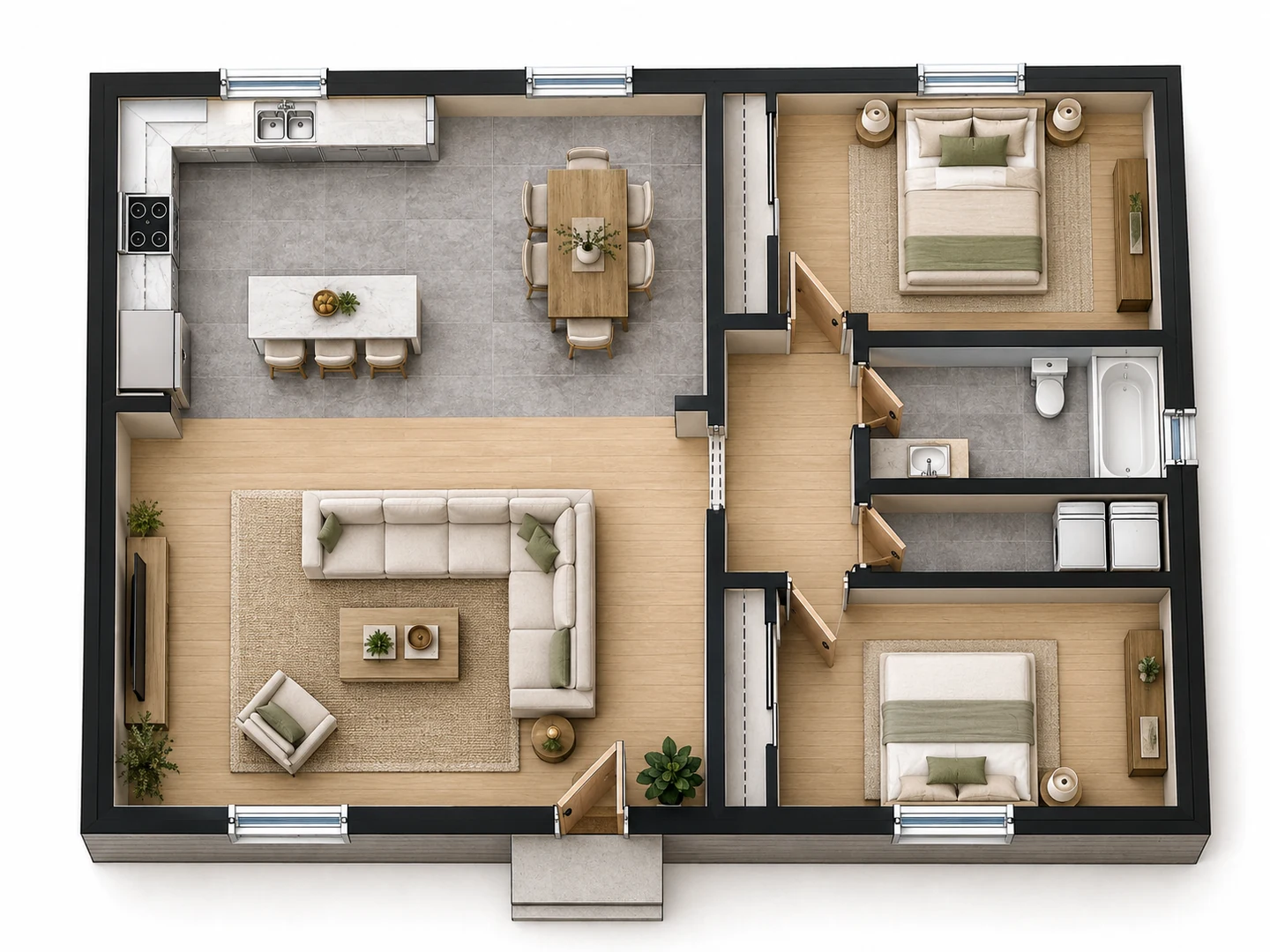 Photorealistic top-down color rendering of a two-bedroom house plan with oak floors, tile in the kitchen and bath, furniture and soft daylight shadows