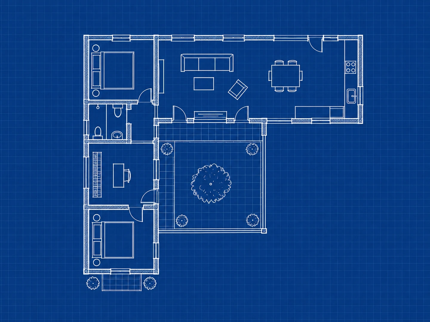 Courtyard house blueprint with site outline — After