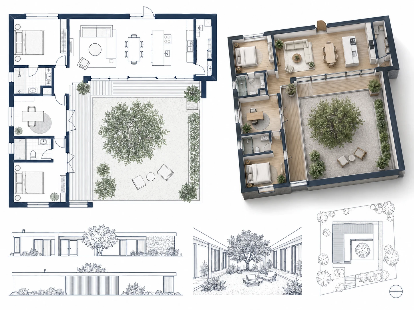 Blueprint plan next to a furnished 2.5D view