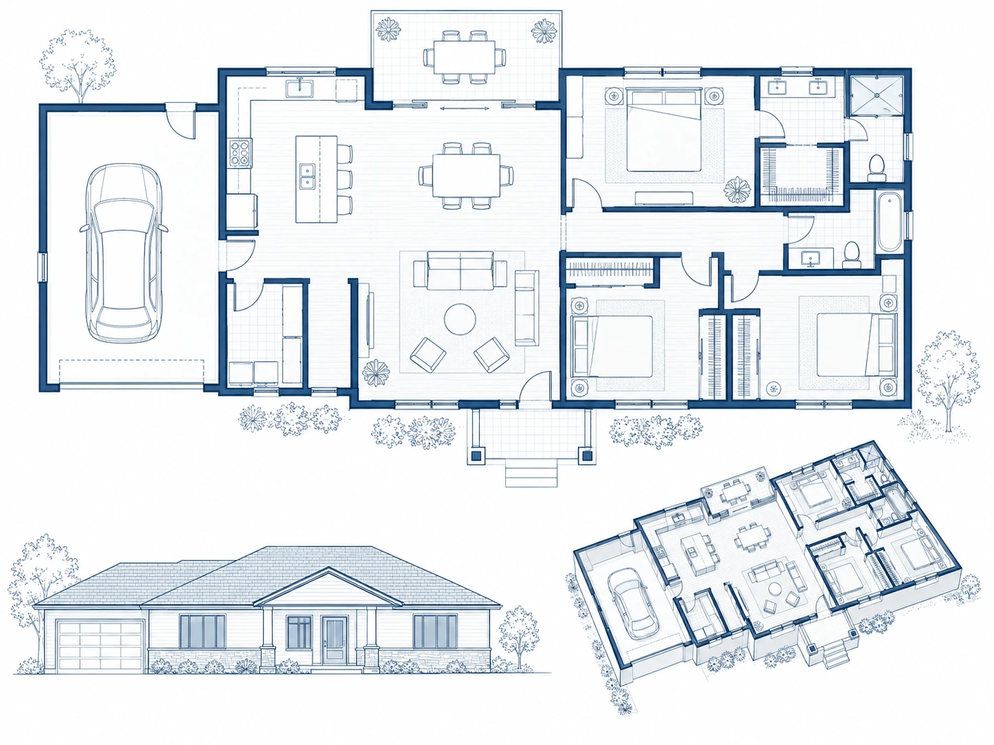 Blueprint sheet with plan, front elevation and 3D preview