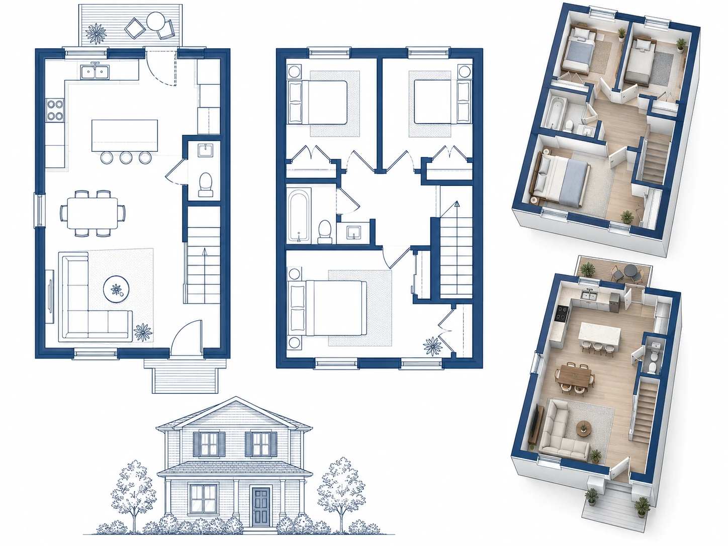Piante del piano terra e del primo piano di una casa a tratto blu, con prospetto principale e vista 3D di ciascun piano