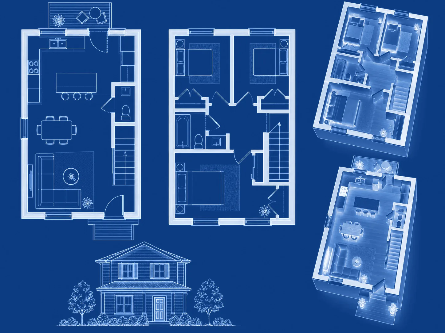 Blaupause eines schmalen Hauses mit zwei Etagen: unten Küche mit Kochinsel, Essplatz und Wohnzimmer, oben drei Schlafzimmer und Bad, gerade Treppe an der Längswand, dazu Straßenansicht und zwei 3D-Ansichten