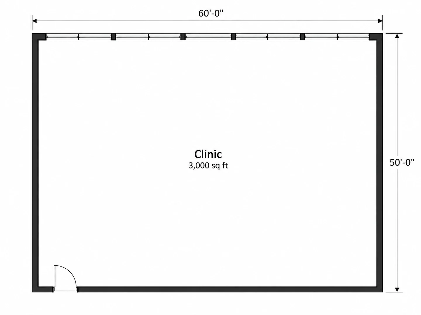 3,000 sq ft medical clinic with six exam rooms off a 5 ft corridor — Before
