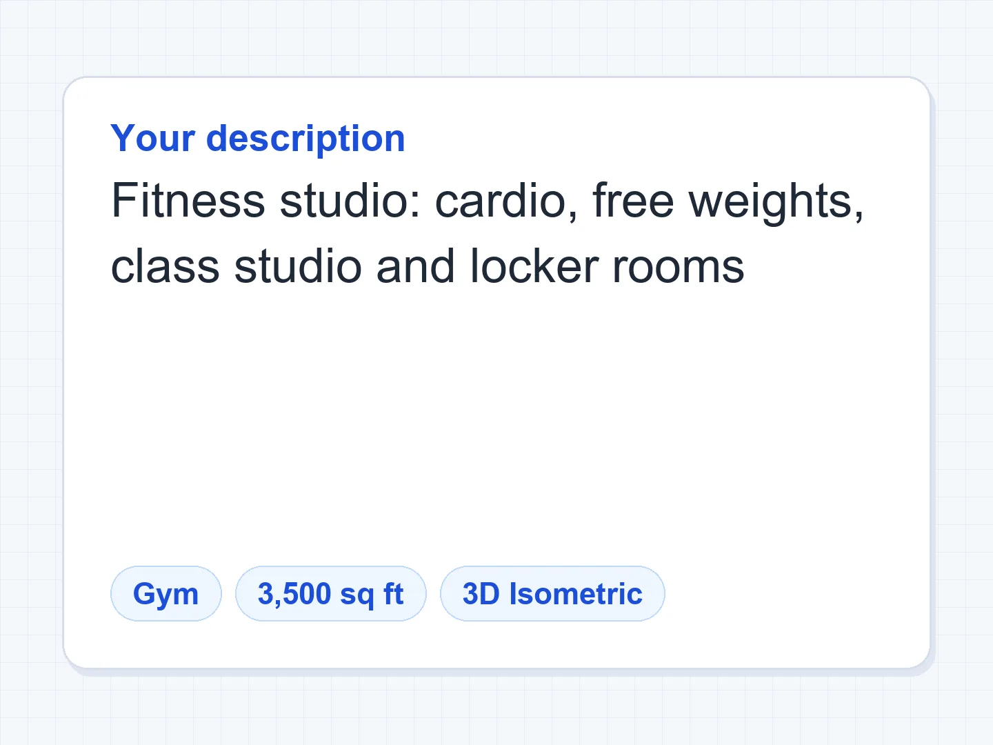 Fitness studio with cardio, free weights, a class studio and locker rooms, in 3D — Before