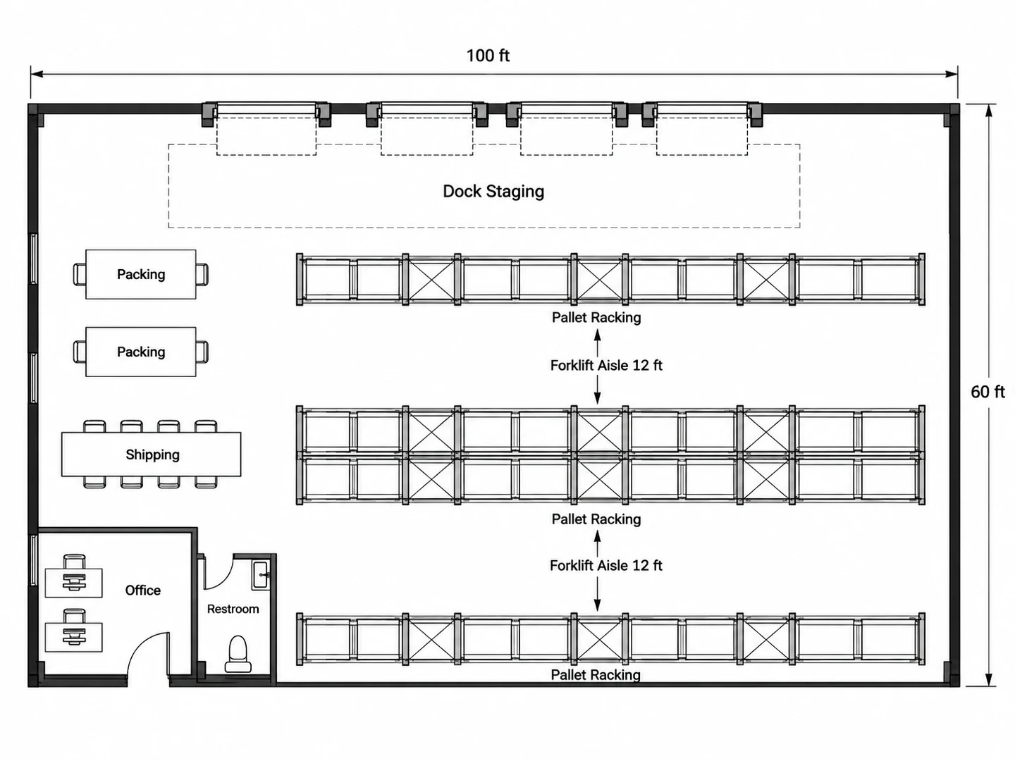 Warehouse building layout with pallet racking, 12 ft forklift aisles, dock doors, a packing area and an office