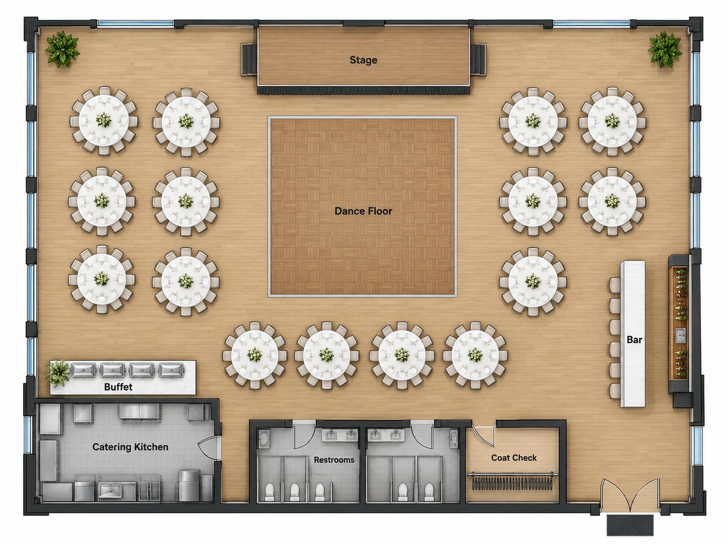 Event floor plan for about 150 guests with 16 round tables, a stage, dance floor, bar, buffet and catering kitchen