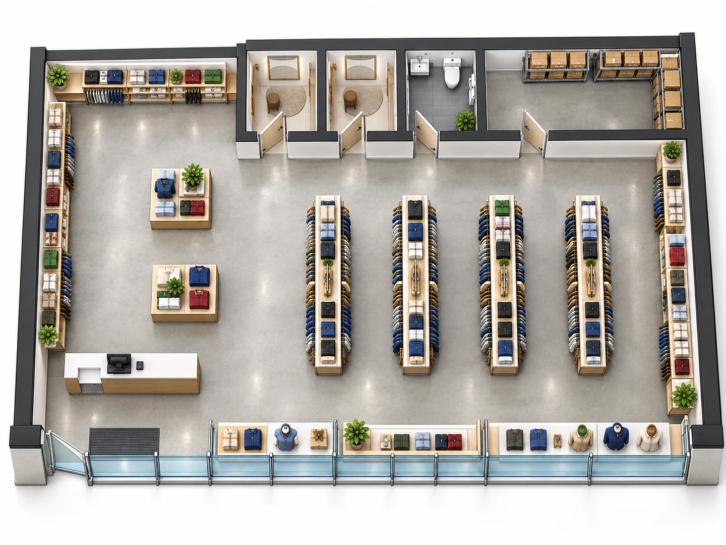 3D building plan of a retail store with gondola aisles, checkout, fitting rooms and a stockroom
