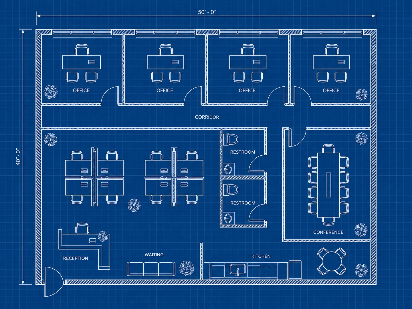 Office suite building plan in blueprint style with private offices, open desks, a conference room and restrooms