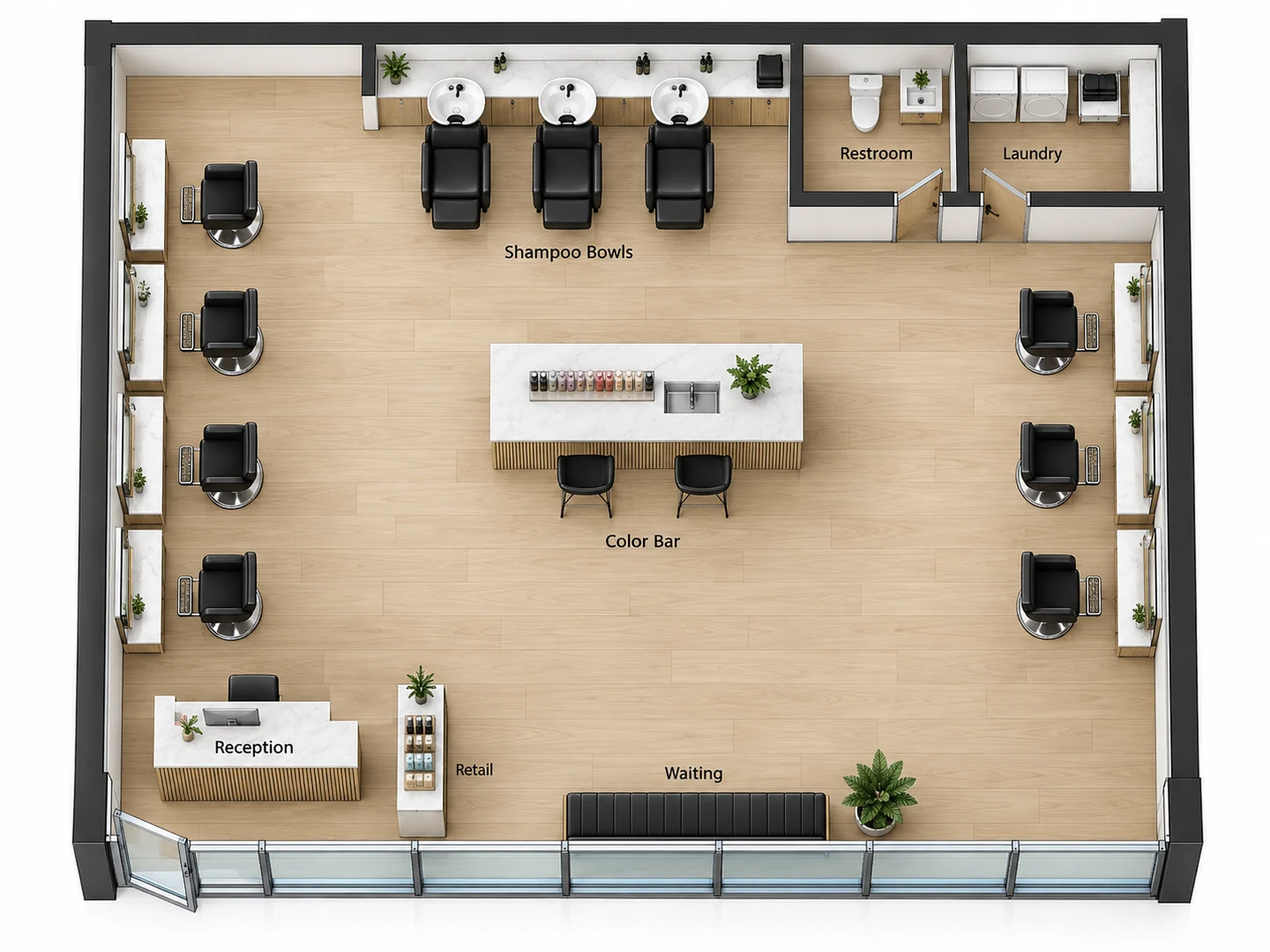 Hair salon building layout with eight styling stations, shampoo bowls, a color bar, reception and a laundry room