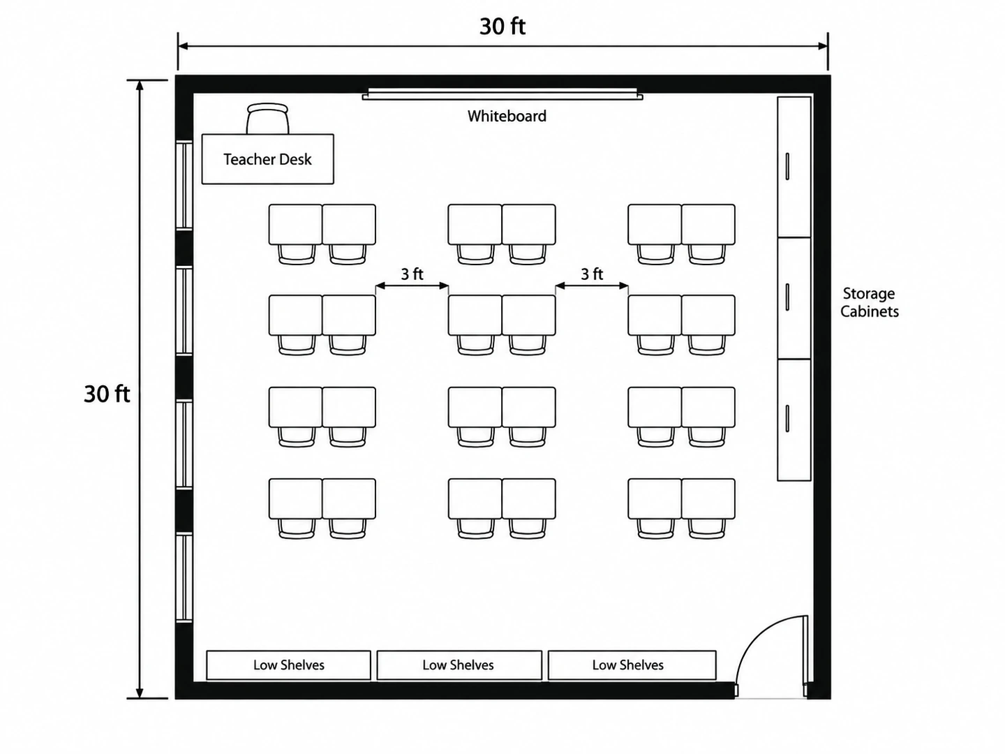 Rows of pairs: 24 desks facing the board in a 30×30 ft room — After