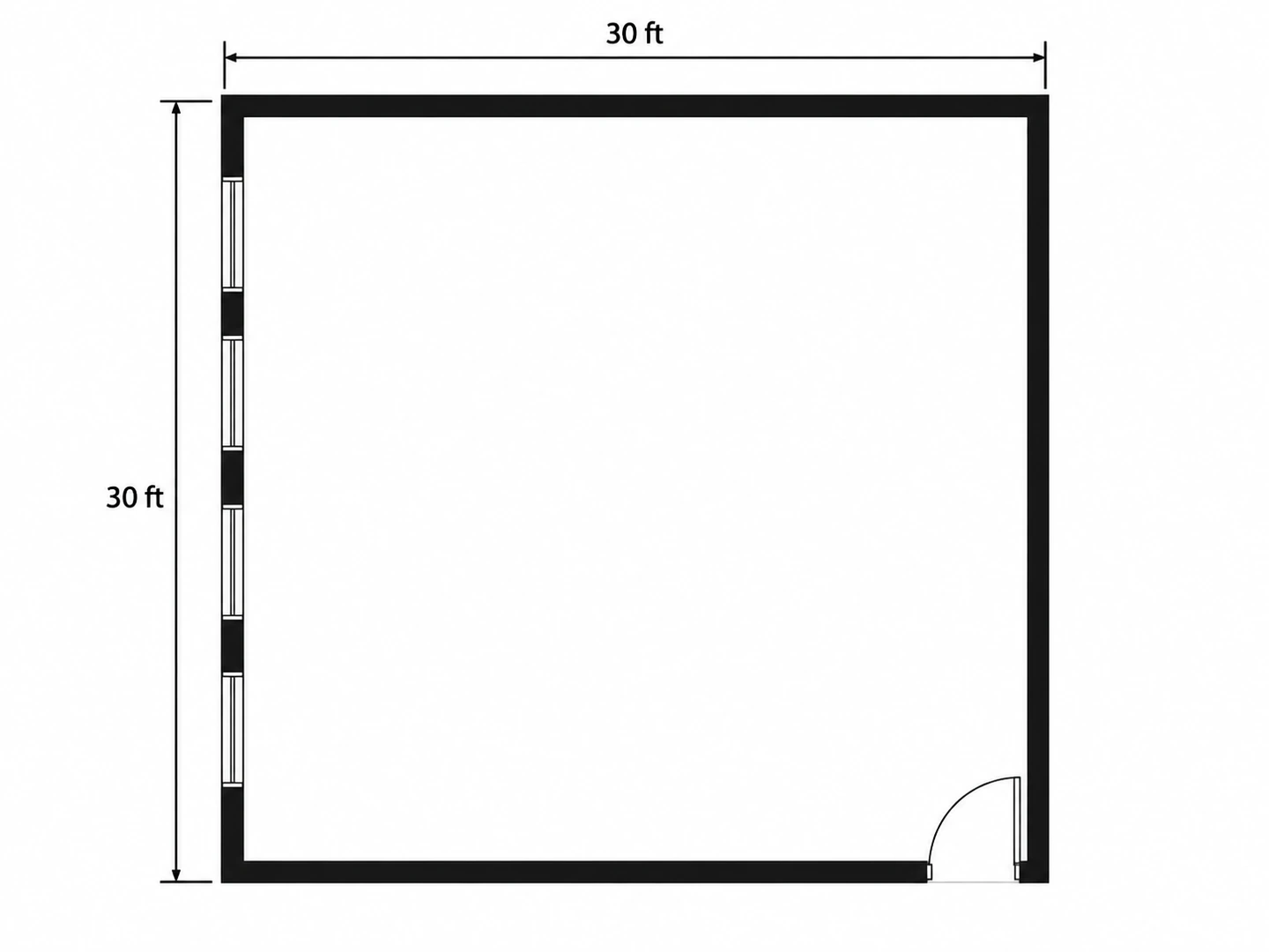 Rows of pairs: 24 desks facing the board in a 30×30 ft room — Before