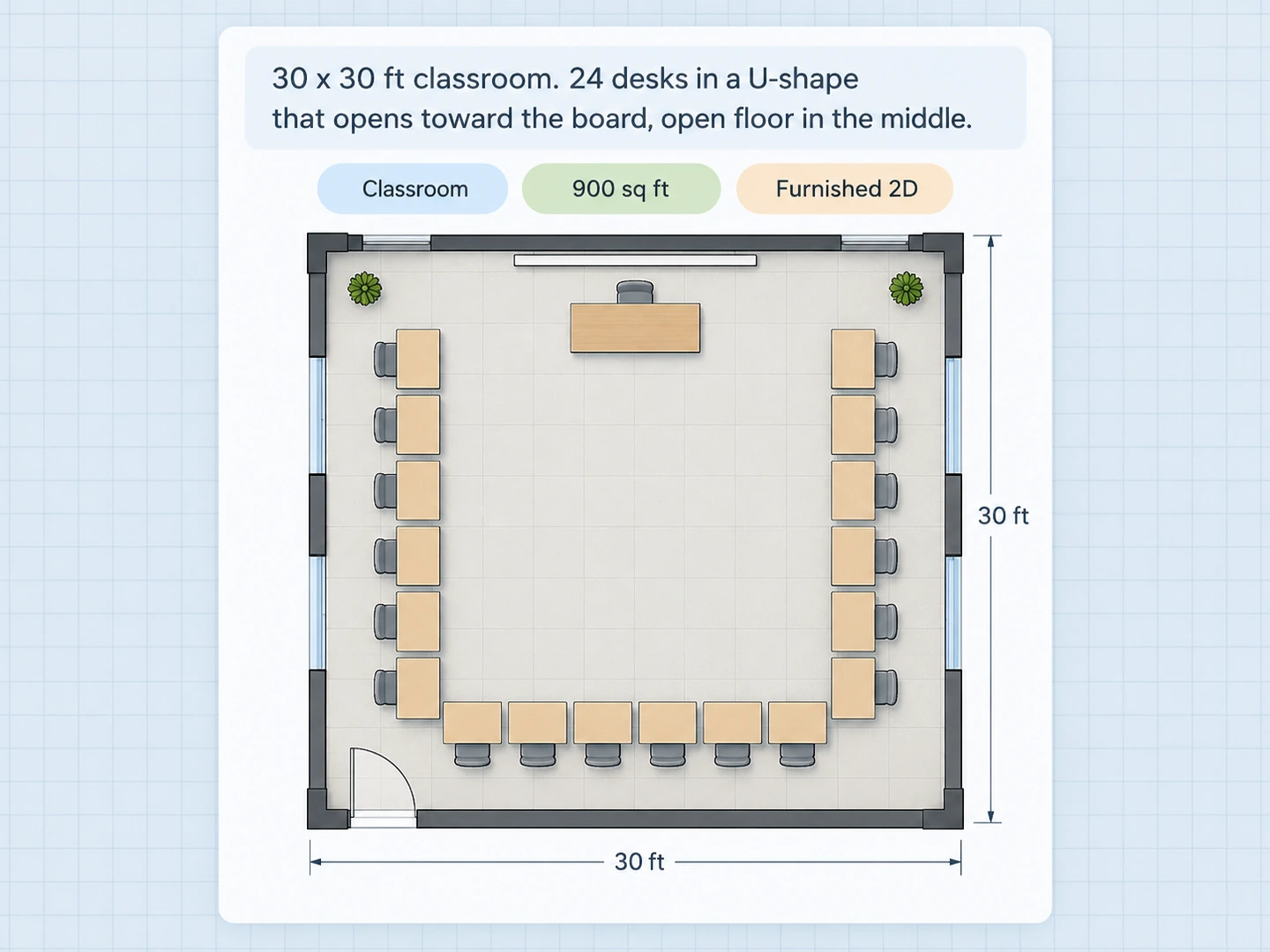 U-shape: 24 desks around open floor for discussion — Before