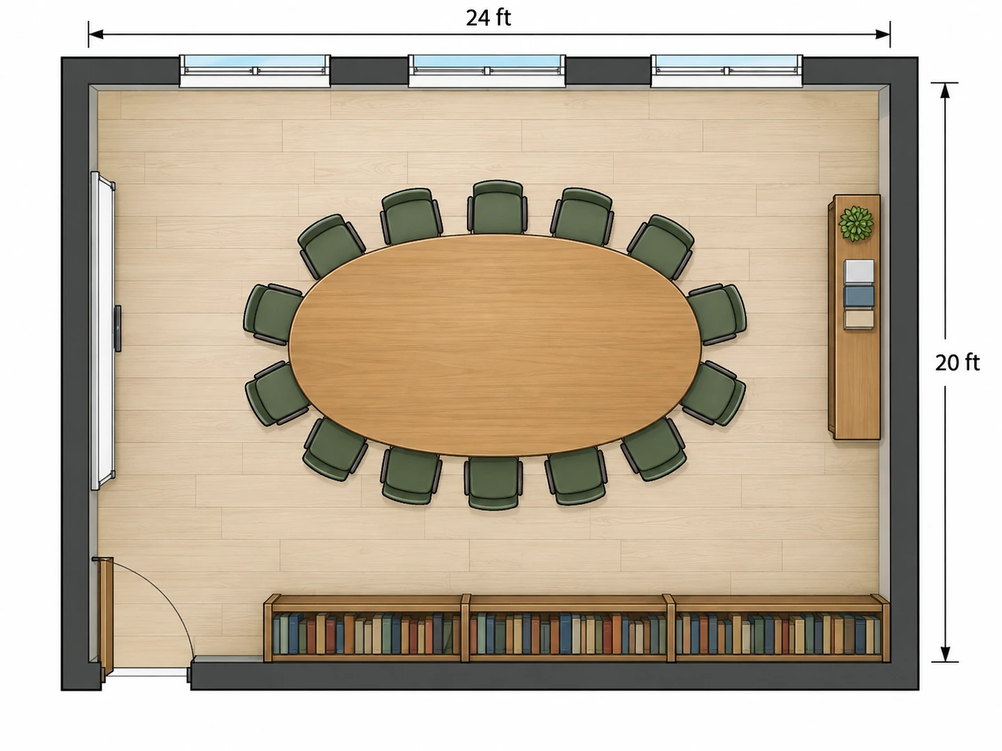 Seminar classroom floor plan with one oval Harkness table for 14 students