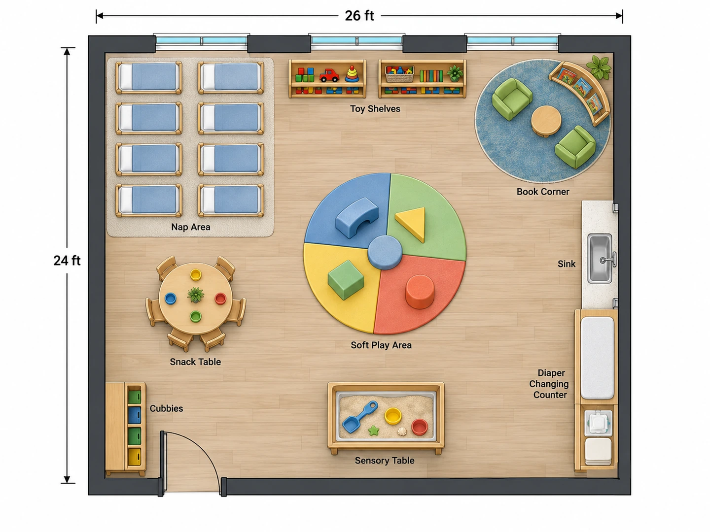Daycare floor plan of a toddler room with nap area, diaper station and play zones